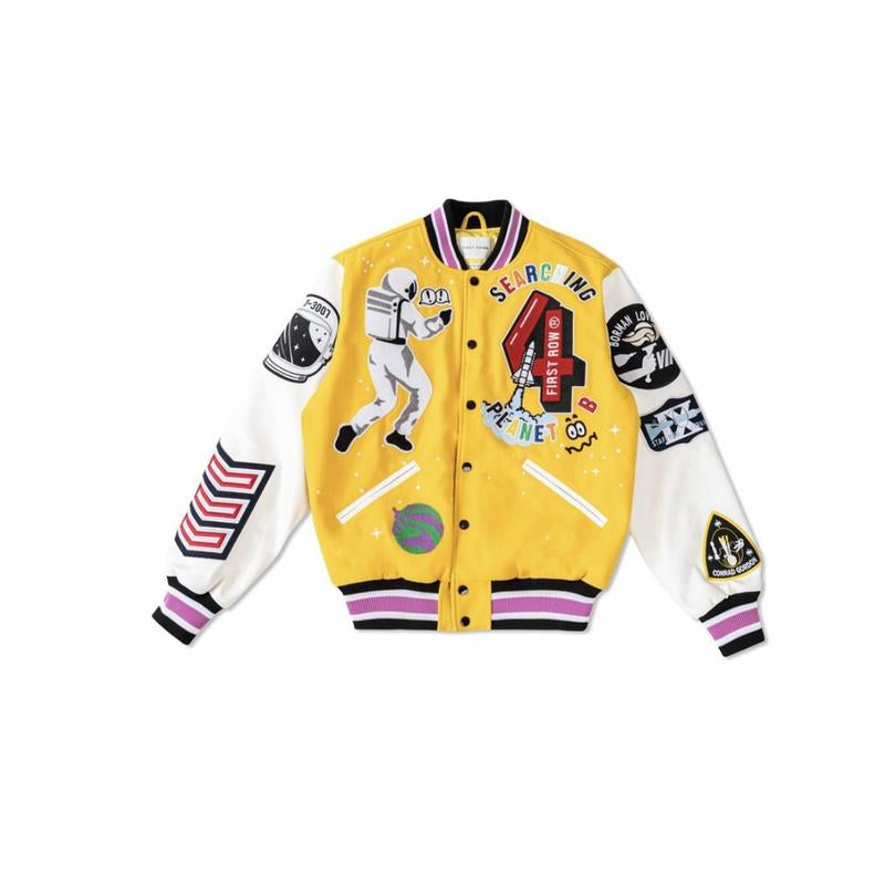 Justin First Row Classic Men Oversized Long Sleeve Varsity Jacket Fashion Menswear.