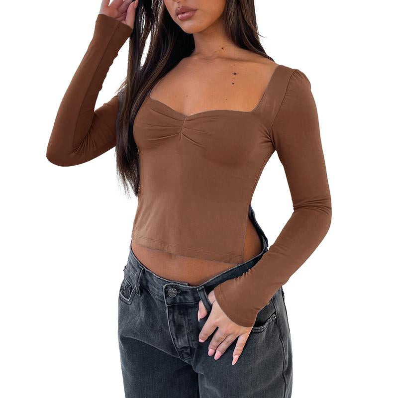 Women T-Shirt, Long Sleeve Backless Solid Slit Ladies Crop Top Streetwear for Daily Party Basic Versatile Top
