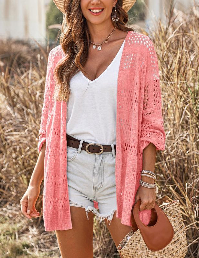 HOTOUCH Lightweight Crochet Cardigan for Women Long Sleeve Open Front Knit Oversized Cardigans Sweaters