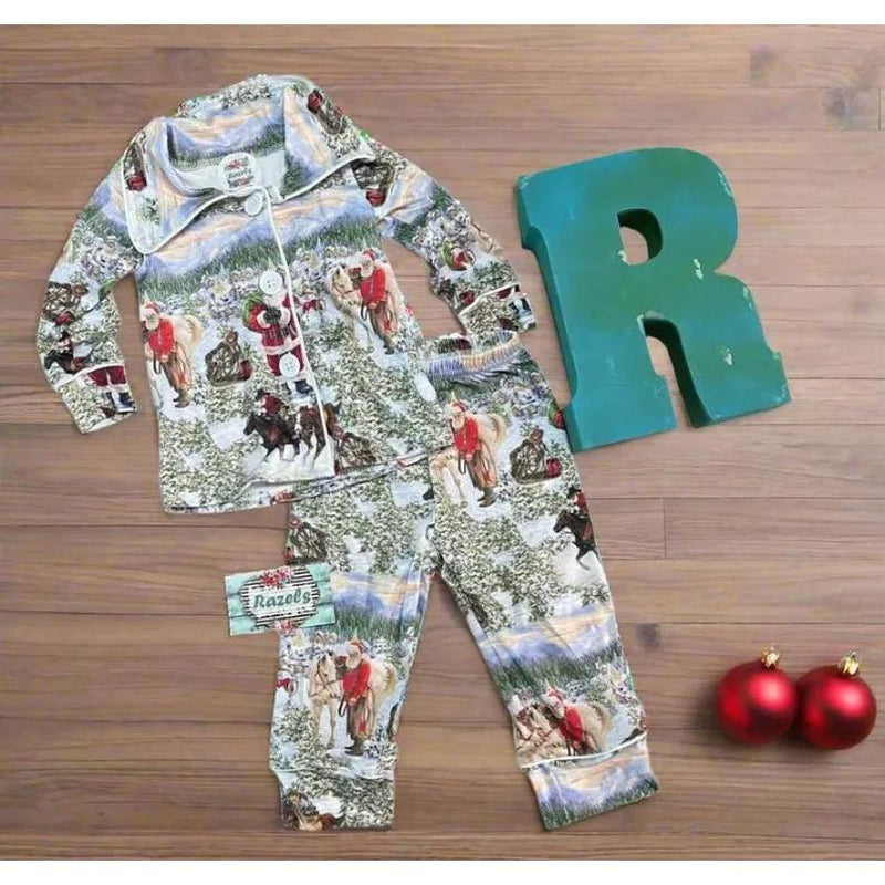 Family Blue Christmas Pajamas β Cowboy Santa Pjs, Western Holiday Pajamas
