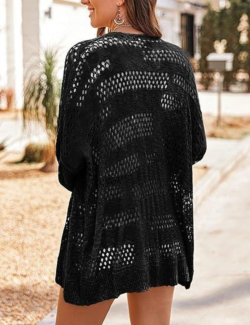 HOTOUCH Lightweight Crochet Cardigan for Women Long Sleeve Open Front Knit Oversized Cardigans Sweaters