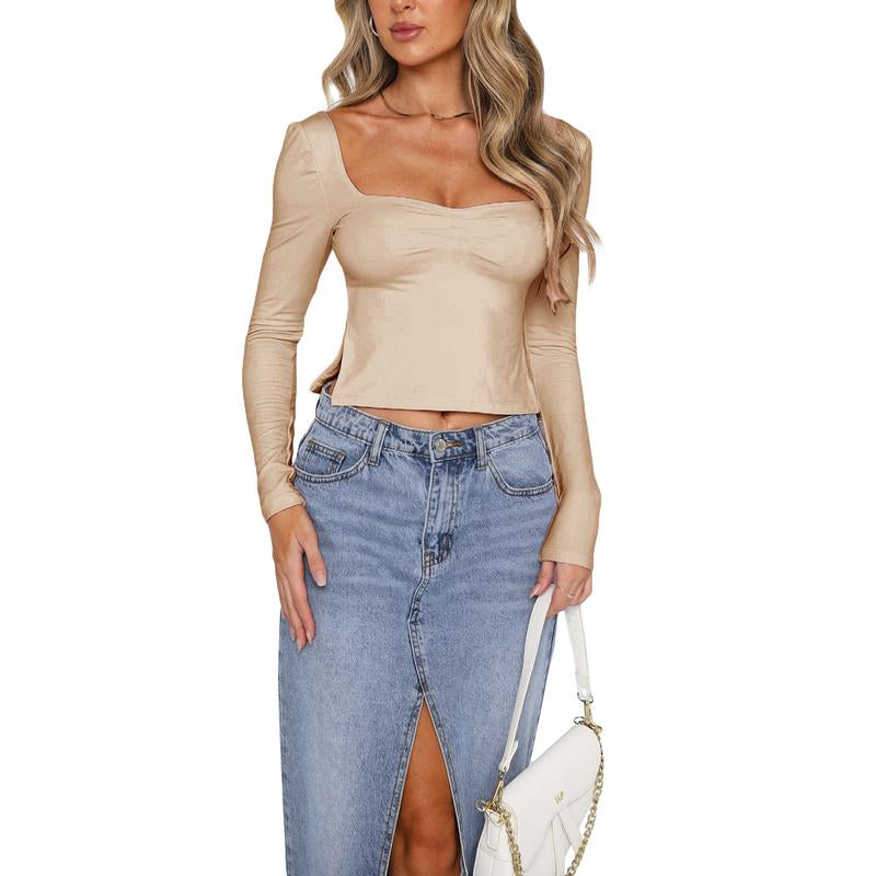 Women T-Shirt, Long Sleeve Backless Solid Slit Ladies Crop Top Streetwear for Daily Party Basic Versatile Top