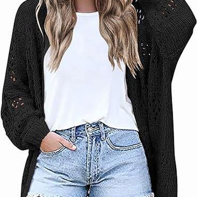 HOTOUCH Lightweight Crochet Cardigan for Women Long Sleeve Open Front Knit Oversized Cardigans Sweaters