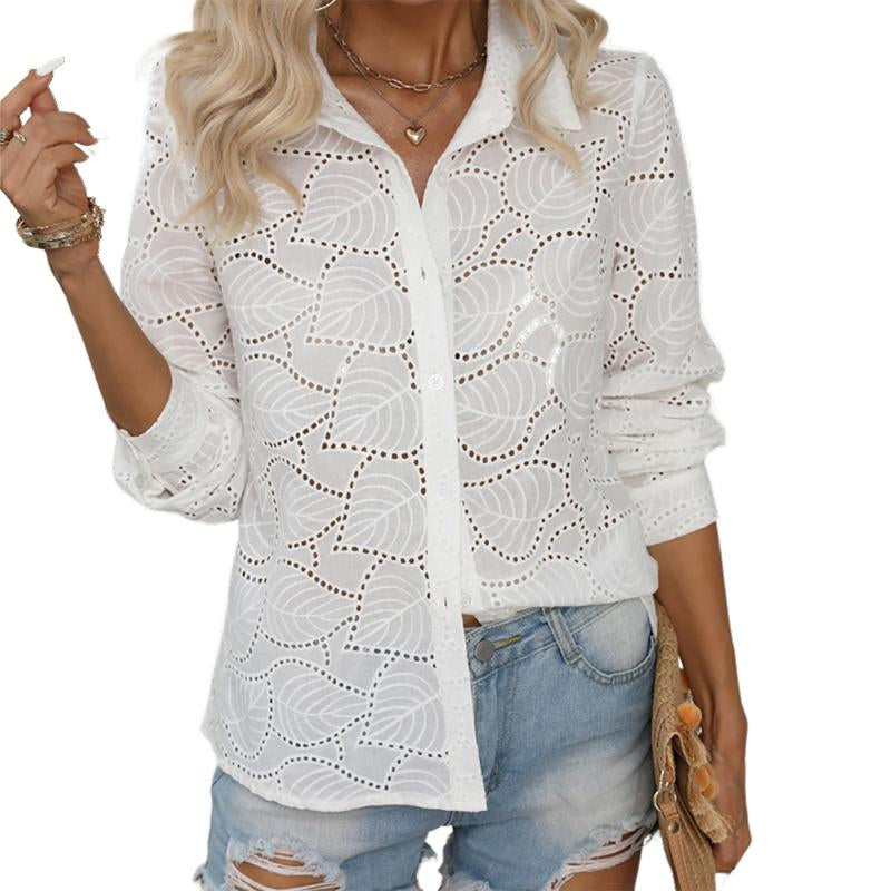 Women Long Sleeve Eyelet Elegant Button-Down Shirt Deep V Neck Dressy Casual Blouse