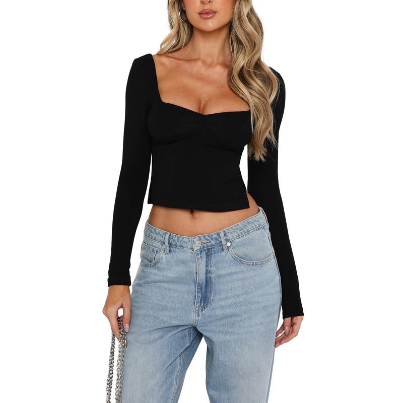 Women T-Shirt, Long Sleeve Backless Solid Slit Ladies Crop Top Streetwear for Daily Party Basic Versatile Top