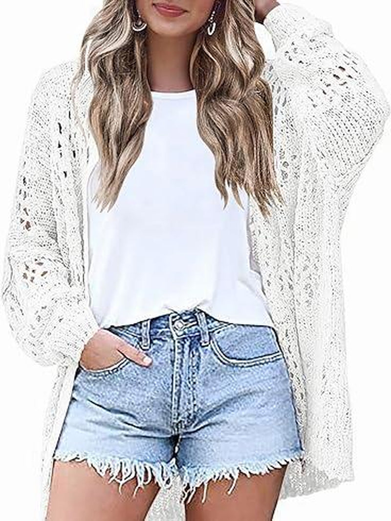 HOTOUCH Lightweight Crochet Cardigan for Women Long Sleeve Open Front Knit Oversized Cardigans Sweaters