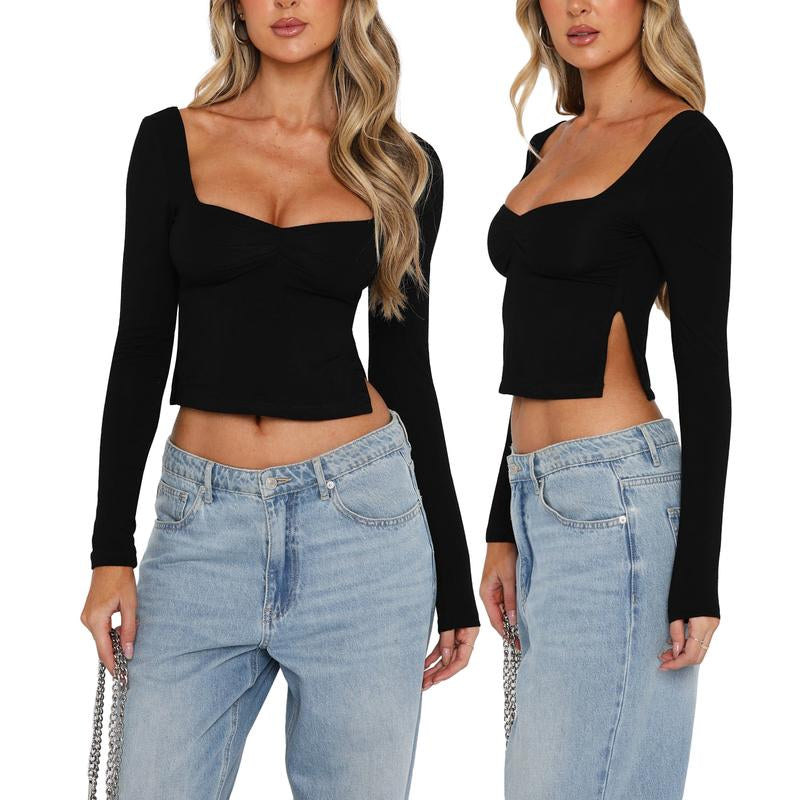 Women T-Shirt, Long Sleeve Backless Solid Slit Ladies Crop Top Streetwear for Daily Party Basic Versatile Top