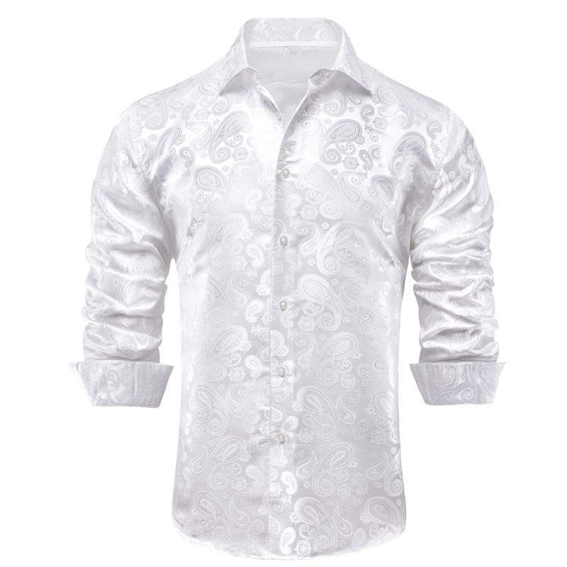 Men S Dressshirt Long Sleeve White Formal Shirts Jacquard Paisley Top Collar Casual