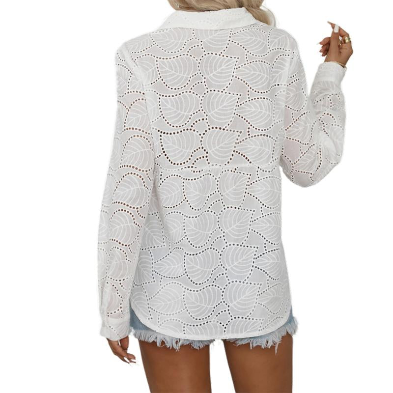 Women Long Sleeve Eyelet Elegant Button-Down Shirt Deep V Neck Dressy Casual Blouse