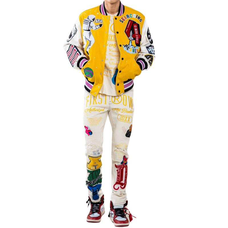 Justin First Row Classic Men Oversized Long Sleeve Varsity Jacket Fashion Menswear.