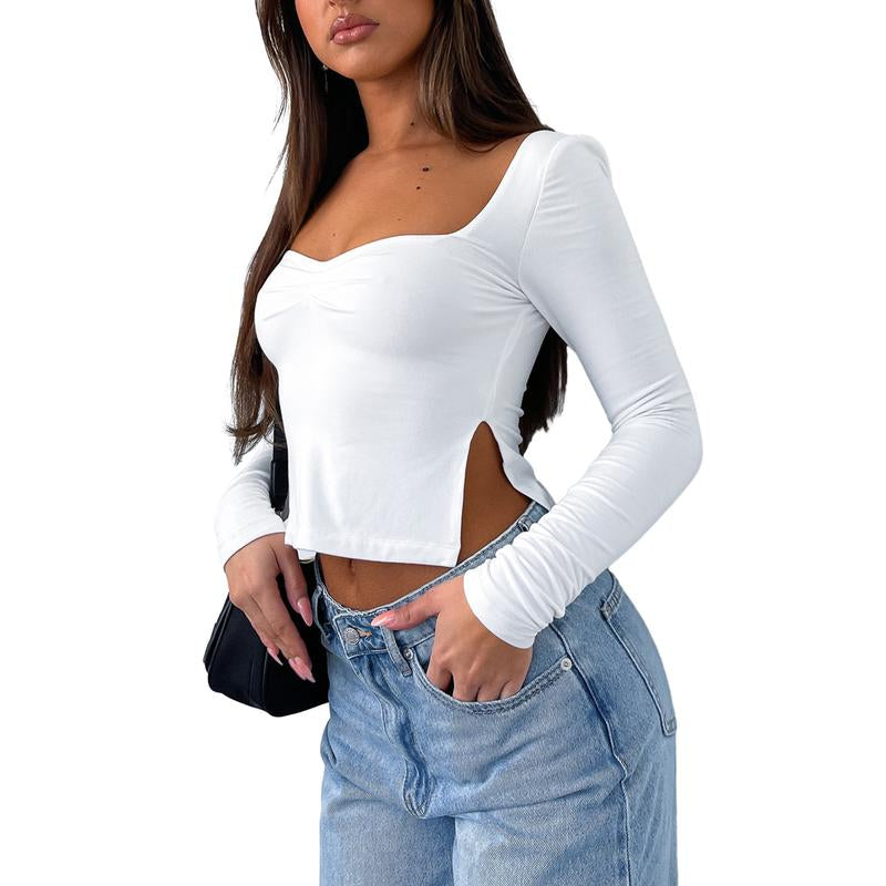 Women T-Shirt, Long Sleeve Backless Solid Slit Ladies Crop Top Streetwear for Daily Party Basic Versatile Top