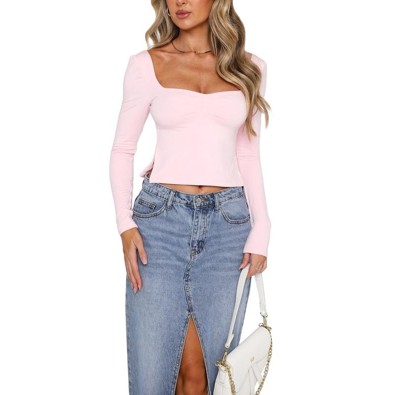 Women T-Shirt, Long Sleeve Backless Solid Slit Ladies Crop Top Streetwear for Daily Party Basic Versatile Top