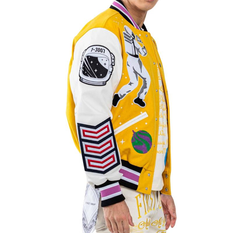 Justin First Row Classic Men Oversized Long Sleeve Varsity Jacket Fashion Menswear.