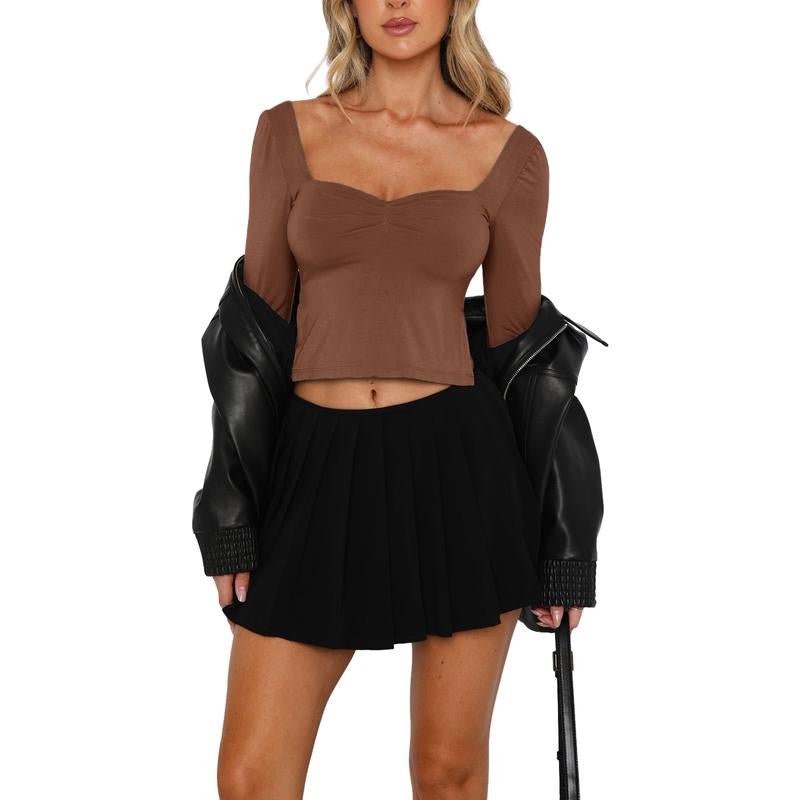 Women T-Shirt, Long Sleeve Backless Solid Slit Ladies Crop Top Streetwear for Daily Party Basic Versatile Top