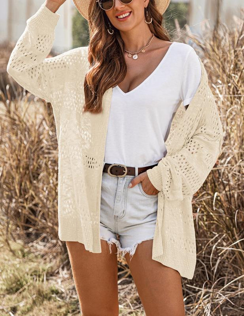 HOTOUCH Lightweight Crochet Cardigan for Women Long Sleeve Open Front Knit Oversized Cardigans Sweaters