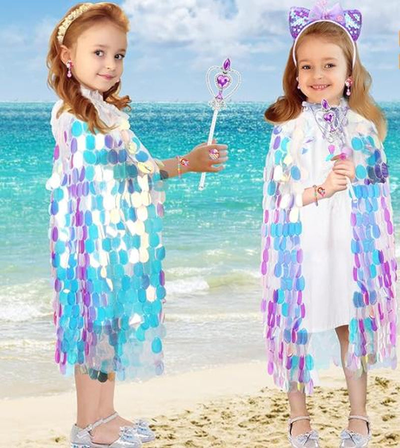【Halloween Gift】Oharlobe Princess Dress up for Girls 4-6, Mermaid Toddler Toys for Ages 3-8, 8 Pcs Shiney Sequin Princess Cape Set Kids Toys, Princess Girl Toys for Easter Halloween Birthday Christmas Gifts Party Favors