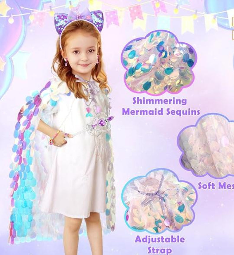 【Halloween Gift】Oharlobe Princess Dress up for Girls 4-6, Mermaid Toddler Toys for Ages 3-8, 8 Pcs Shiney Sequin Princess Cape Set Kids Toys, Princess Girl Toys for Easter Halloween Birthday Christmas Gifts Party Favors