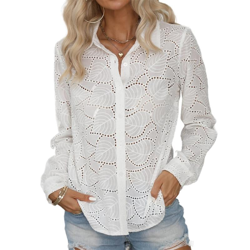 Women Long Sleeve Eyelet Elegant Button-Down Shirt Deep V Neck Dressy Casual Blouse