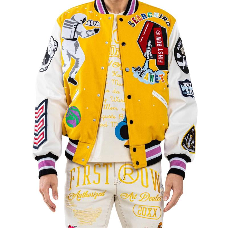 Justin First Row Classic Men Oversized Long Sleeve Varsity Jacket Fashion Menswear.