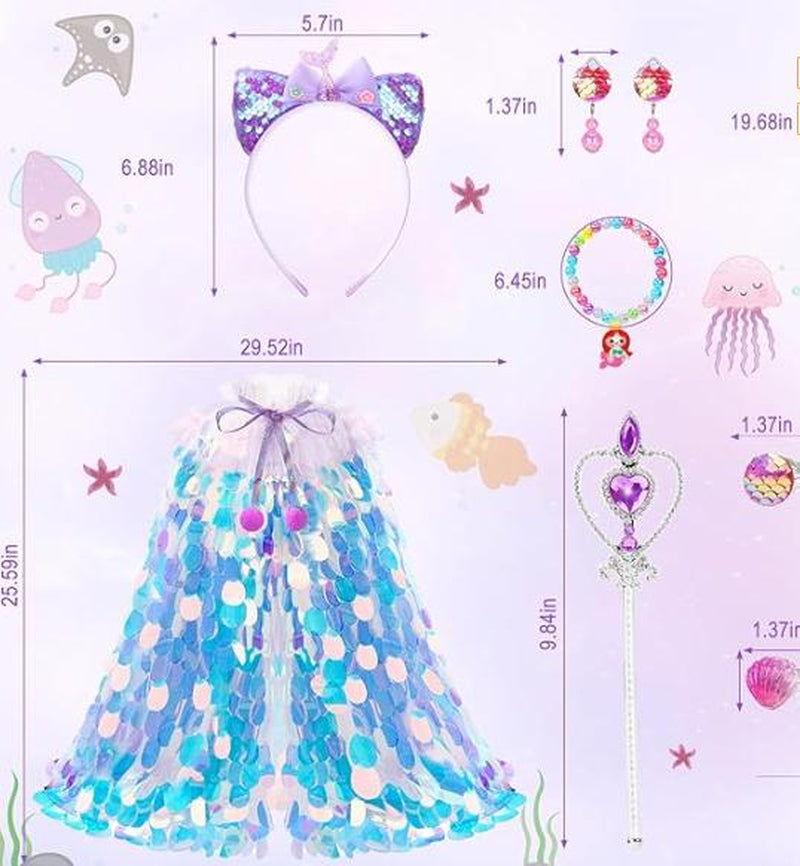 【Halloween Gift】Oharlobe Princess Dress up for Girls 4-6, Mermaid Toddler Toys for Ages 3-8, 8 Pcs Shiney Sequin Princess Cape Set Kids Toys, Princess Girl Toys for Easter Halloween Birthday Christmas Gifts Party Favors