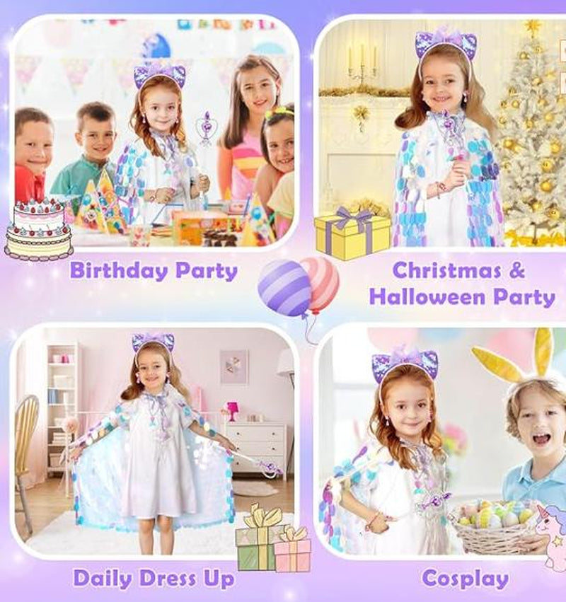 【Halloween Gift】Oharlobe Princess Dress up for Girls 4-6, Mermaid Toddler Toys for Ages 3-8, 8 Pcs Shiney Sequin Princess Cape Set Kids Toys, Princess Girl Toys for Easter Halloween Birthday Christmas Gifts Party Favors