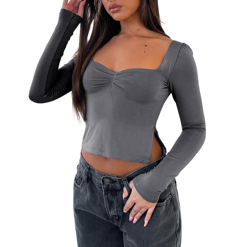 Women T-Shirt, Long Sleeve Backless Solid Slit Ladies Crop Top Streetwear for Daily Party Basic Versatile Top