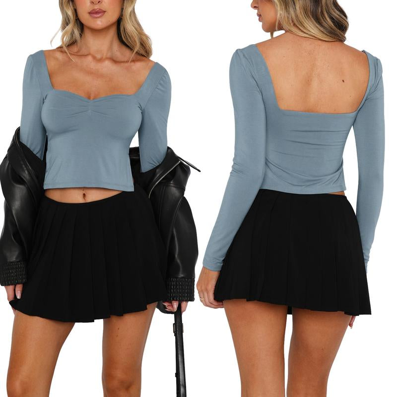 Women T-Shirt, Long Sleeve Backless Solid Slit Ladies Crop Top Streetwear for Daily Party Basic Versatile Top