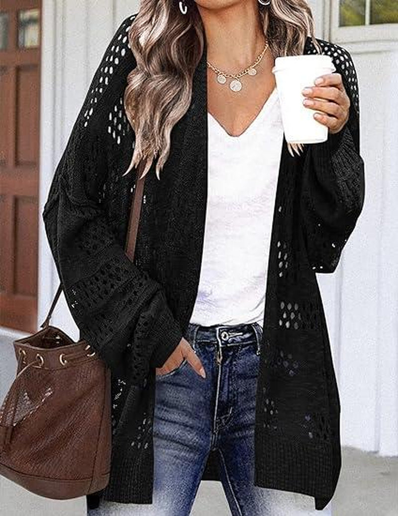 HOTOUCH Lightweight Crochet Cardigan for Women Long Sleeve Open Front Knit Oversized Cardigans Sweaters