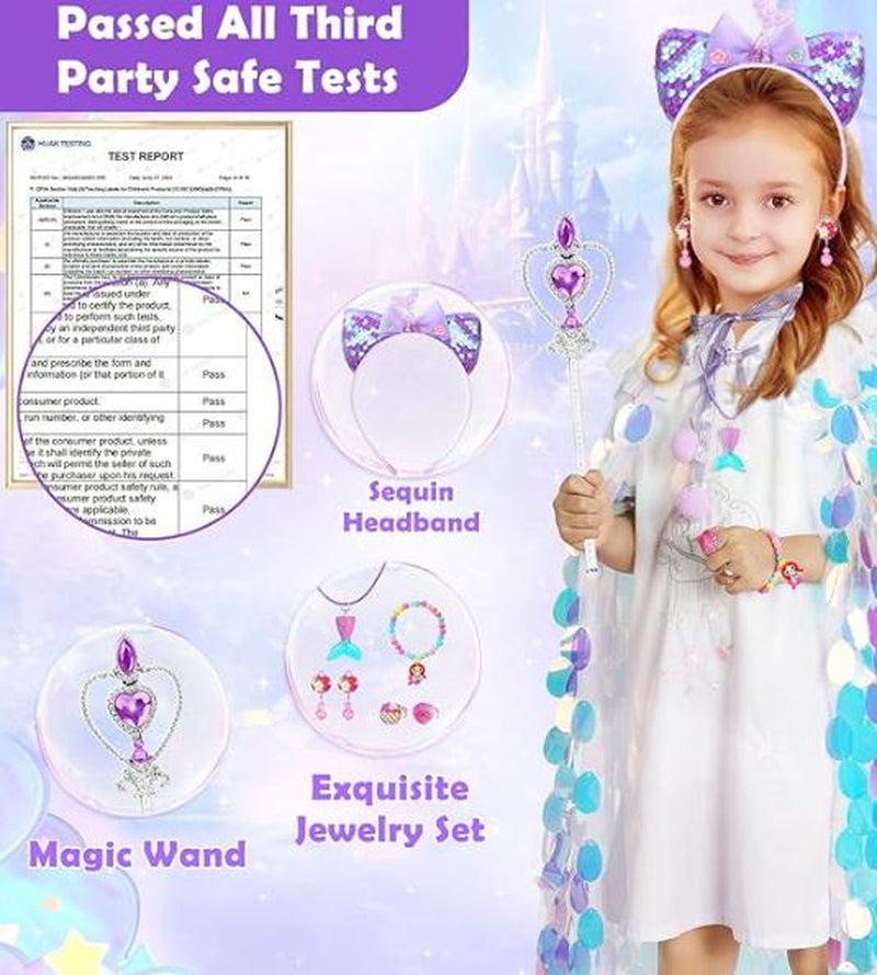 【Halloween Gift】Oharlobe Princess Dress up for Girls 4-6, Mermaid Toddler Toys for Ages 3-8, 8 Pcs Shiney Sequin Princess Cape Set Kids Toys, Princess Girl Toys for Easter Halloween Birthday Christmas Gifts Party Favors