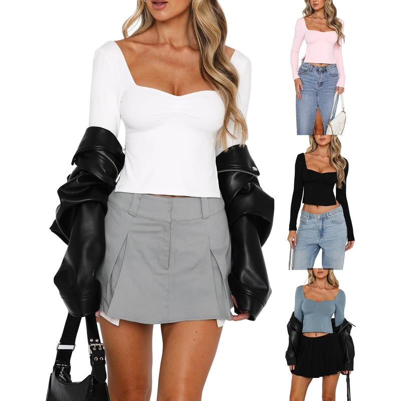 Women T-Shirt, Long Sleeve Backless Solid Slit Ladies Crop Top Streetwear for Daily Party Basic Versatile Top