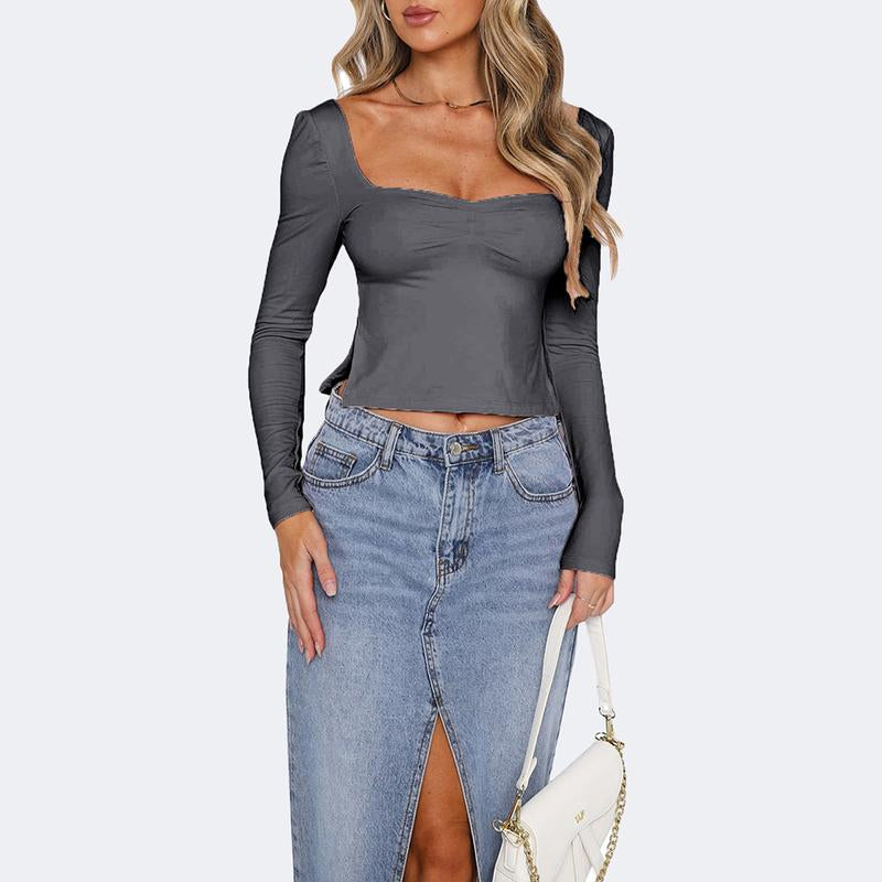 Women T-Shirt, Long Sleeve Backless Solid Slit Ladies Crop Top Streetwear for Daily Party Basic Versatile Top