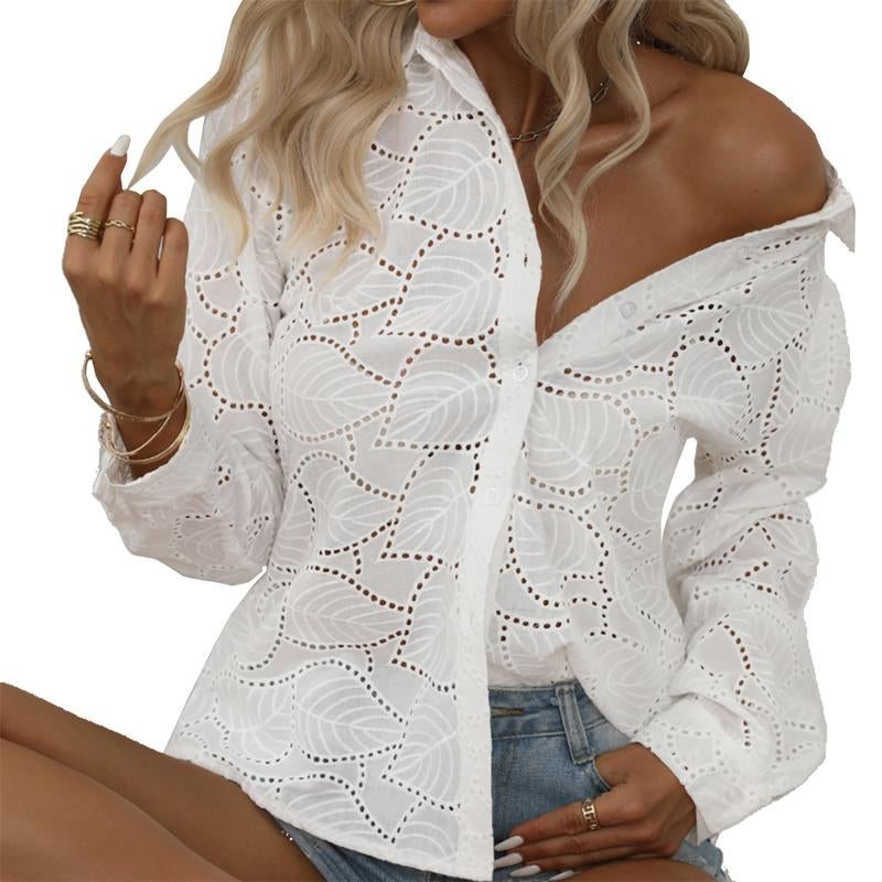Women Long Sleeve Eyelet Elegant Button-Down Shirt Deep V Neck Dressy Casual Blouse