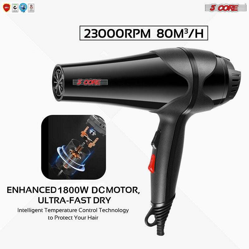 Hair Blow Dryer Lightweight Hair Dryer Ionic Men Women Blower 1875W Ceramic Quiet Styling Pik 5 Core HD BM