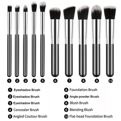 Mini Travel Makeup Brush Set-10pcs Soft Nylon Bristle Blush Loose Powder Eyeshadow Black Silver Makeup Brush Set