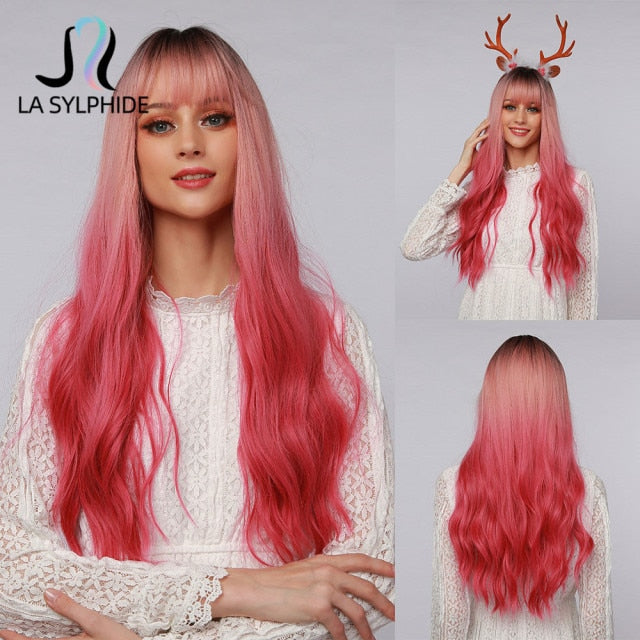 Long Wave Root Black Ombre Pink Synthetic Hair Wig - Heat Resistant