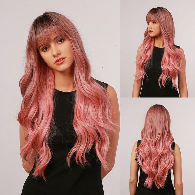 Long Wave Root Black Ombre Pink Synthetic Hair Wig - Heat Resistant