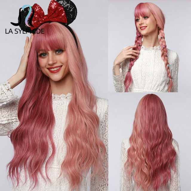 Long Wave Root Black Ombre Pink Synthetic Hair Wig - Heat Resistant