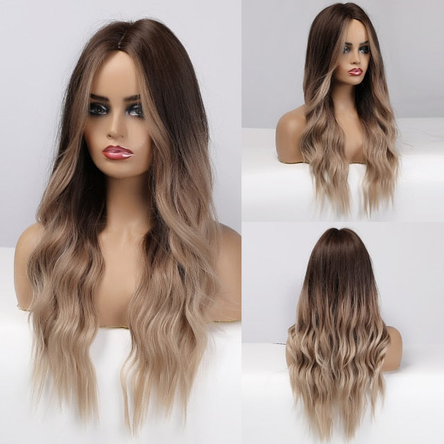 Synthetic Long Body Wave Ombre Brown Wigs