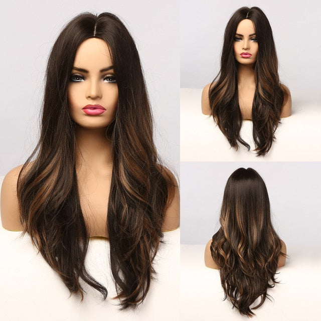 Synthetic Long Body Wave Ombre Brown Wigs