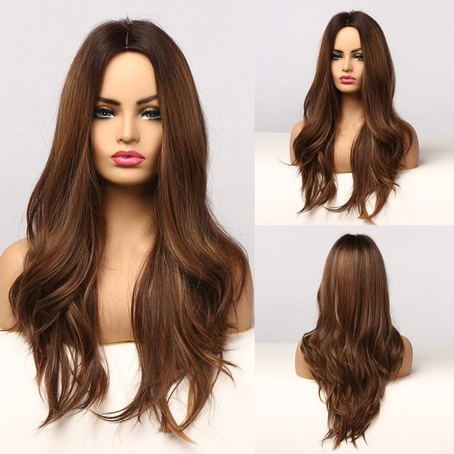 Synthetic Long Body Wave Ombre Brown Wigs