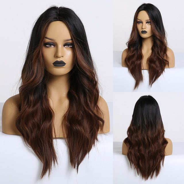 Synthetic Long Body Wave Ombre Brown Wigs