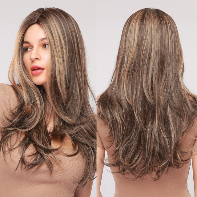 Synthetic Long Body Wave Ombre Brown Wigs