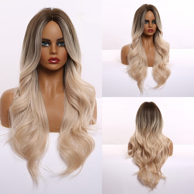 Synthetic Long Body Wave Ombre Brown Wigs