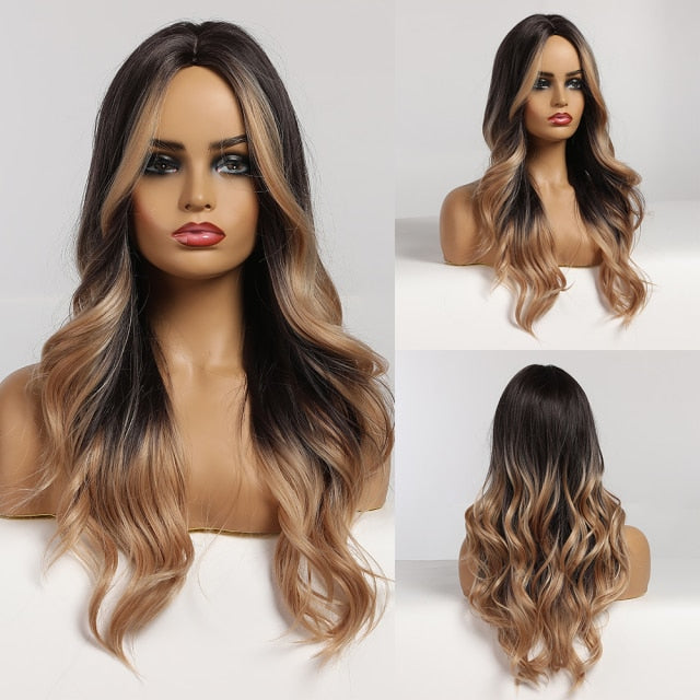 Synthetic Long Body Wave Ombre Brown Wigs