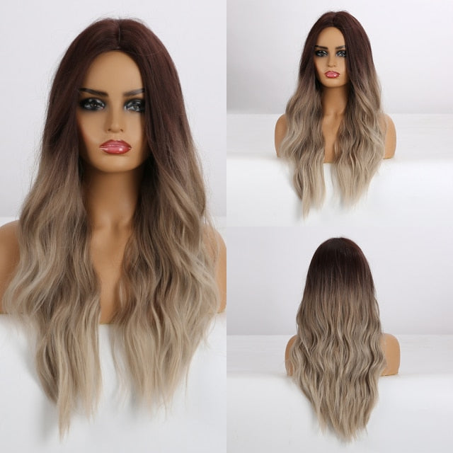 Synthetic Long Body Wave Ombre Brown Wigs