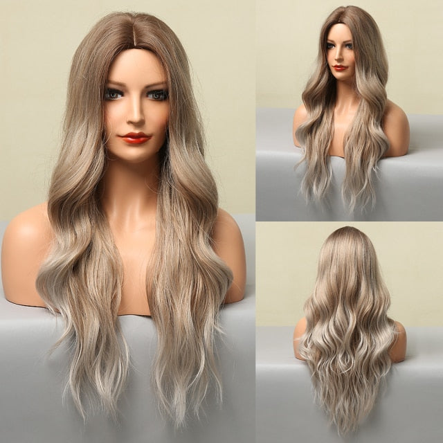 Synthetic Long Body Wave Ombre Brown Wigs