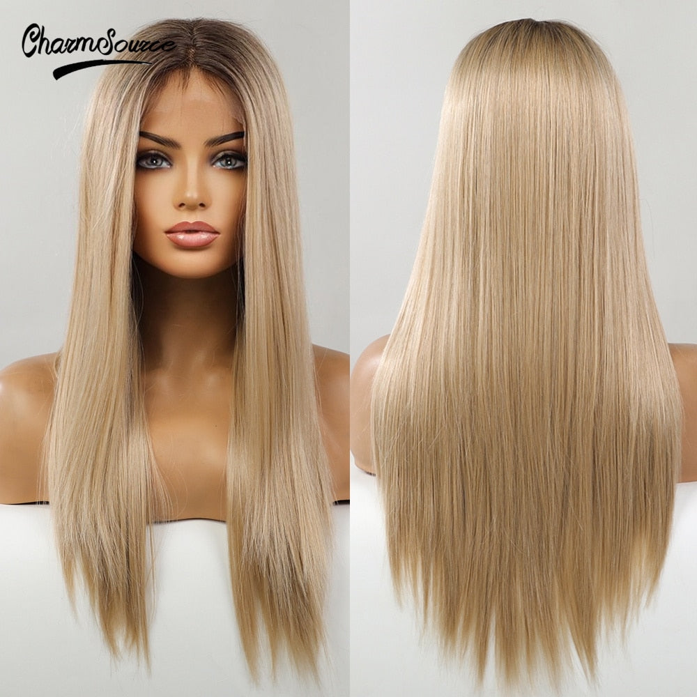 Lace Front Long Straight Ombre Blonde Daily Party Wig for Women - Synthetic Heat Resistant