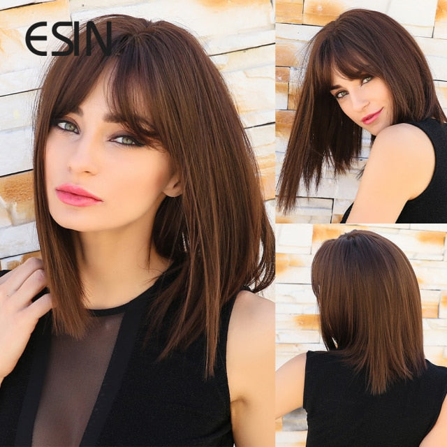 Dark Brown Long Wave Wig With Bangs Heat Resistant