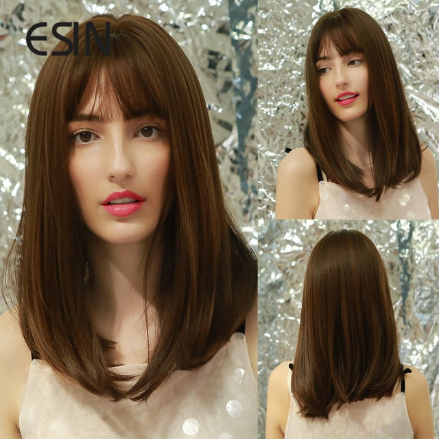 Dark Brown Long Wave Wig With Bangs Heat Resistant