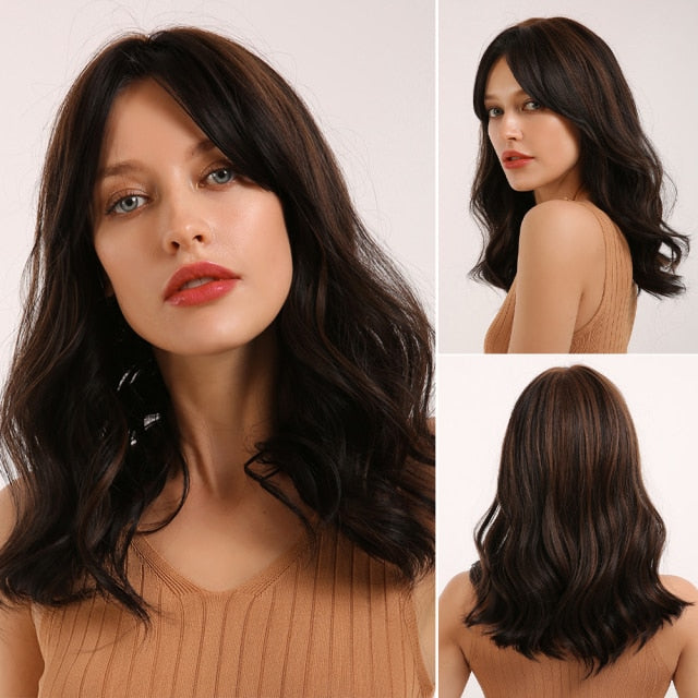 Dark Brown Long Wave Wig With Bangs Heat Resistant